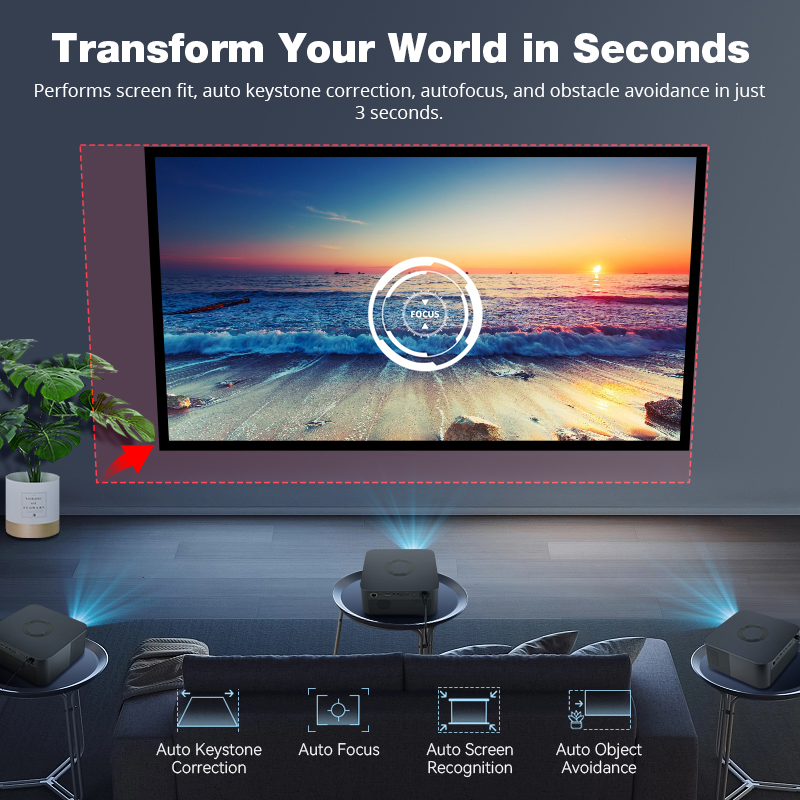 4 automatic projector functions: focus, keystone, obstacle avoidance, screen fit