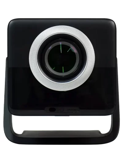 Front view of Hotack X7A projector showing the projection lens and rotating stand