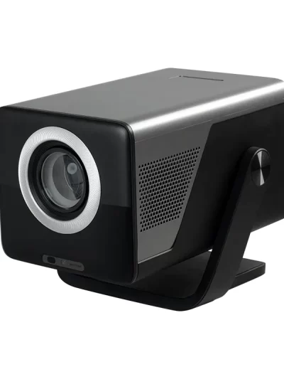 Hotack X7AD Full HD 1080P Google TV projector, angled front view with adjustable stand