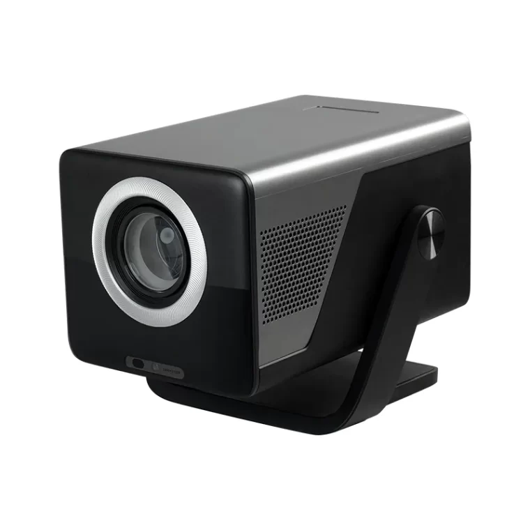 Hotack X7AD Full HD 1080P Google TV projector, angled front view with adjustable stand