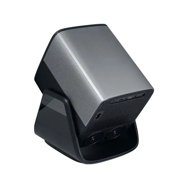 Hotack X5AD projector tilted rear view showing adjustable projection angle