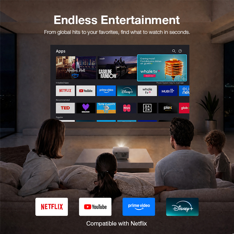 4 pre-installed streaming apps on smart projector