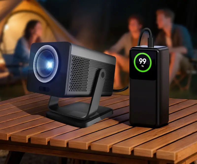 HP MC450 pico projector powered by a USB-C power bank