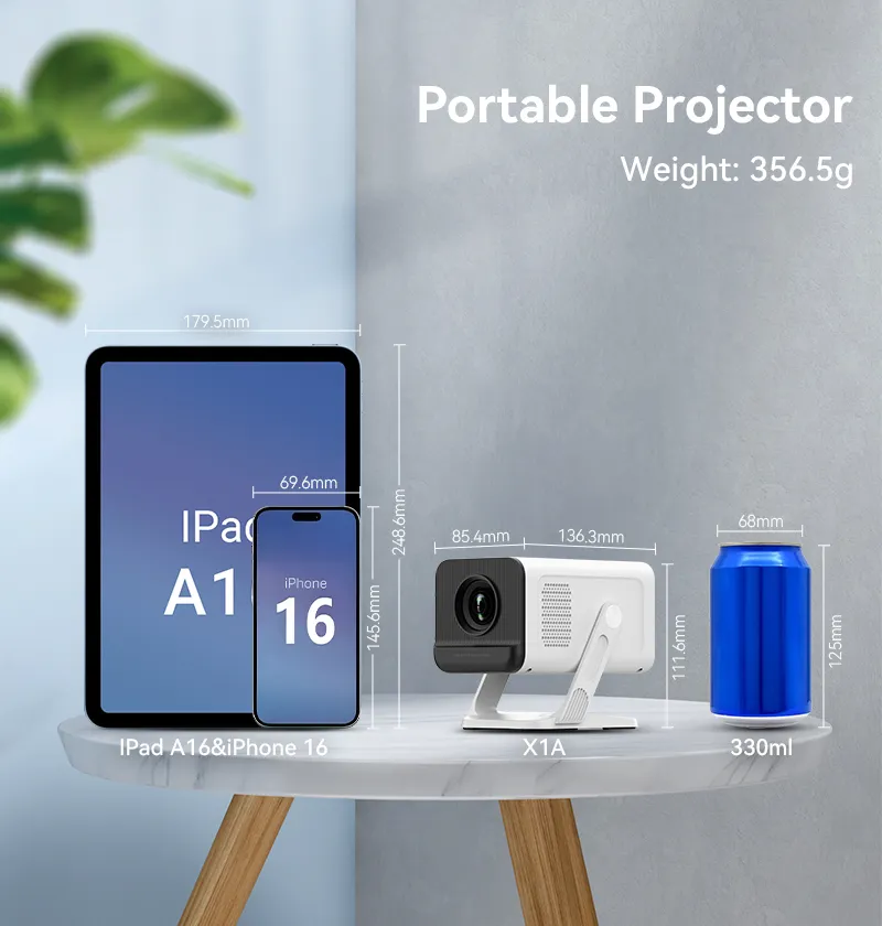 Hotack X1AA portable projector weighing 356.5 grams with compact dimensions