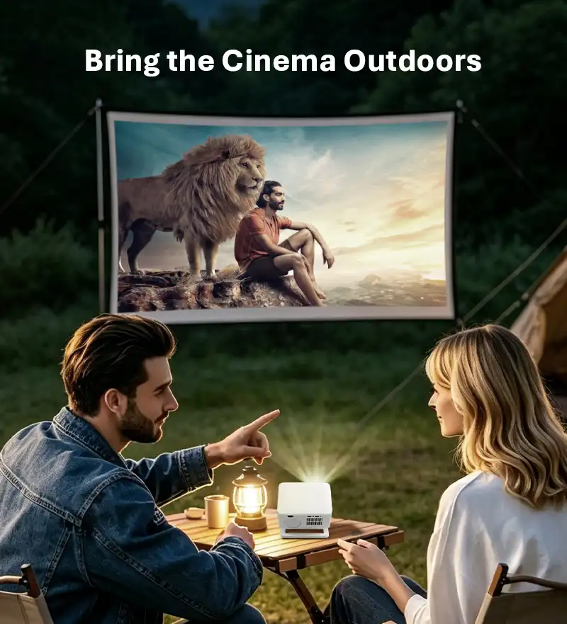 Hotack X4AR outdoor movie projection at a campsite