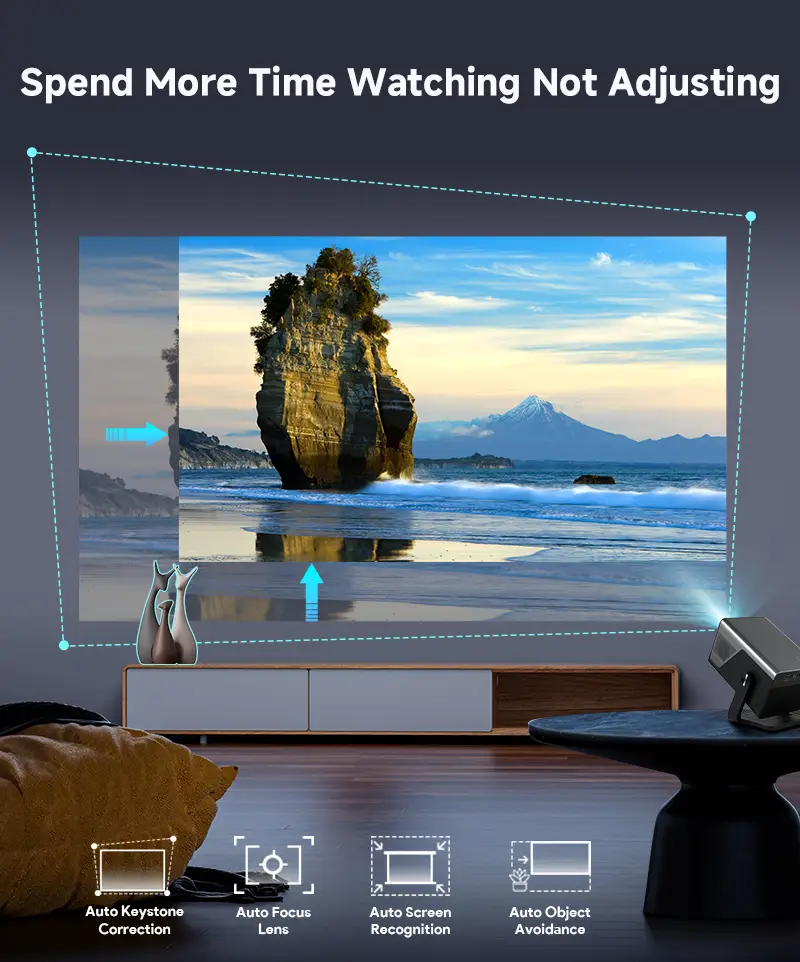 Hotack X7AA projector demonstrating auto focus, keystone correction, screen recognition and obstacle avoidance