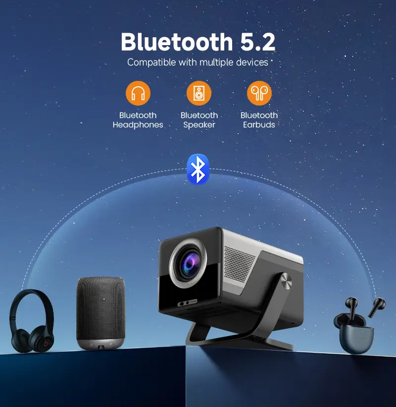 Hotack X7AA projector showing Bluetooth 5.2 connectivity with wireless audio devices