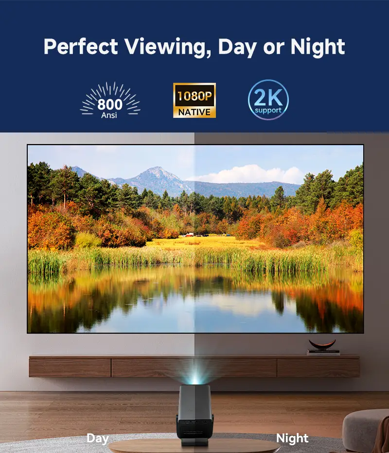 Hotack X7AA Full HD projector displaying a landscape scene in a living room