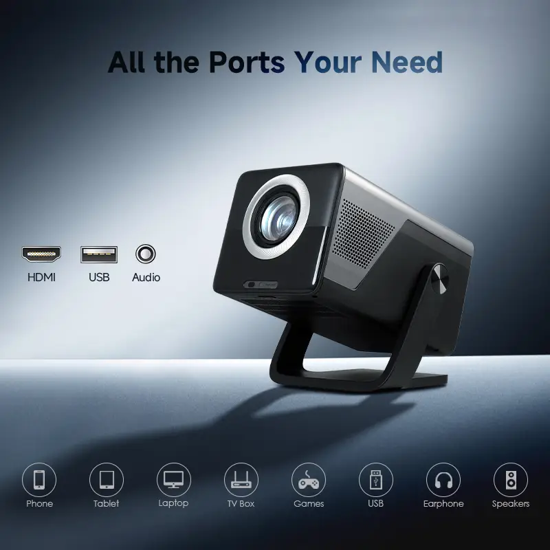 Hotack X7AA smart projector showing HDMI, USB and audio connection options