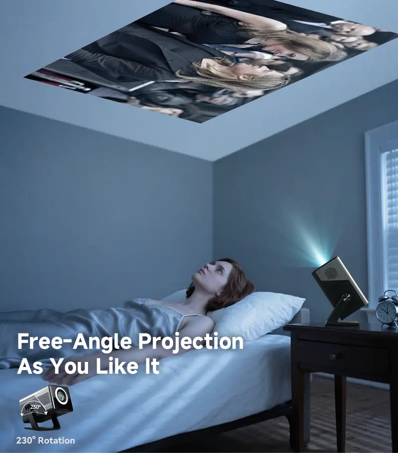 Hotack X7AA projector using its rotating stand for flexible bedroom and ceiling projection
