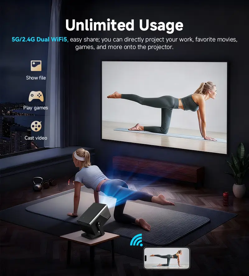 Hotack X7AA projector demonstrating wireless screen mirroring during a home workout