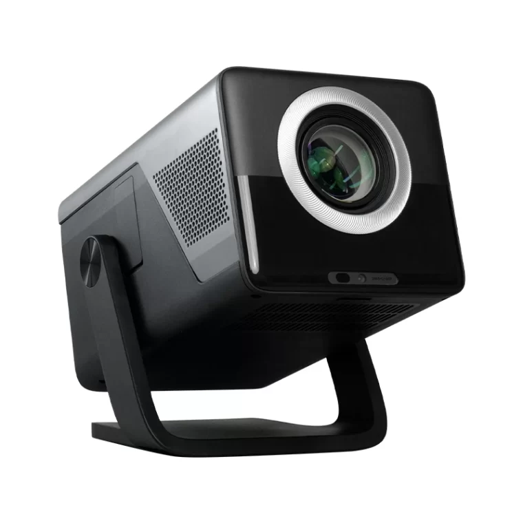 Hotack X7AR Full HD 1080P Android 14 projector, angled front view with adjustable stand
